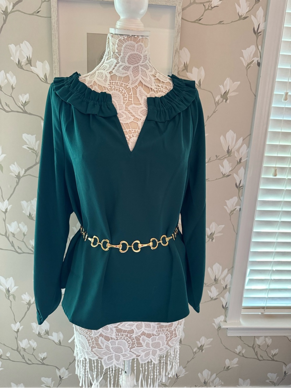 J. Crew Teal Ruffled V-Neck Long Sleeve Blouse